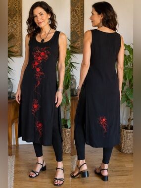 Black Sleeveless Tunic Dress with Red Floral Embroidery Size S Boho Festival
